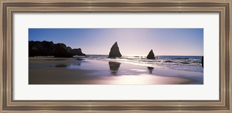 Framed Rock formations in the ocean, Alvor Beach, Algarve, Portugal Print