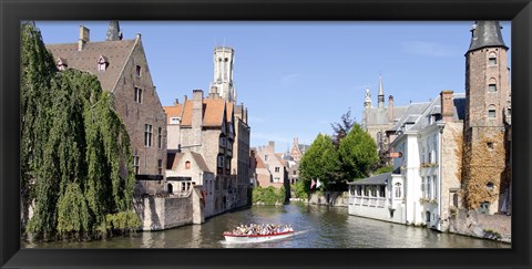 Framed Tourboat in a canal, Bruges, West Flanders, Belgium Print