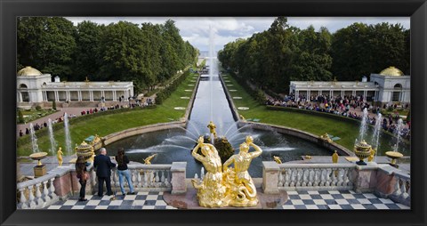 Framed Golden statue and fountain at Grand Cascade at Peterhof Grand Palace, St. Petersburg, Russia Print