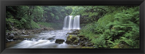 Framed Waterfall in a forest, Sgwd Yr Eira (Waterfall of Snow), Afon Hepste, Brecon Beacons National Park, Wales Print