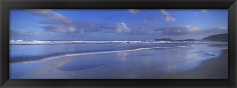 Framed Beach at sunrise, Gwithian Beach, Godrevy Lighthouse, Cornwall, England Print