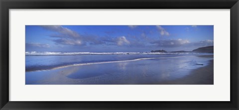 Framed Beach at sunrise, Gwithian Beach, Godrevy Lighthouse, Cornwall, England Print