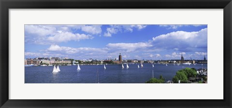 Framed Sailboats in a lake with the city hall in the background, Riddarfjarden, Stockholm City Hall, Stockholm, Sweden Print