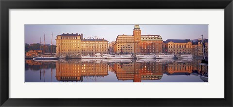 Framed Ferries and Sailboats moored at a harbor, Nybroviken, SAS Radisson Hotel, Stockholm, Sweden Print