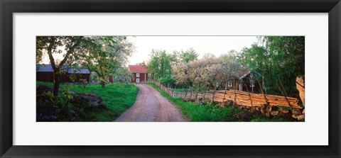 Framed Dirt road leading to farmhouses, Stensjoby, Smaland, Sweden Print