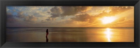 Framed Woman standing on sandbar looking at sunset, Aitutaki, Cook Islands Print