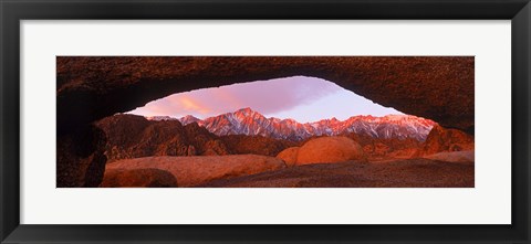 Framed Rock formations with mountains in the background, Mt Whitney, Lone Pine Peak, California, USA Print