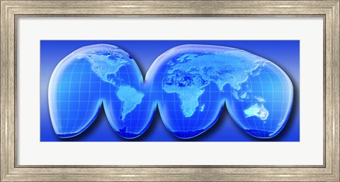 Framed Map of World from Goode&#39;s Homolosine Projection (blue) Print