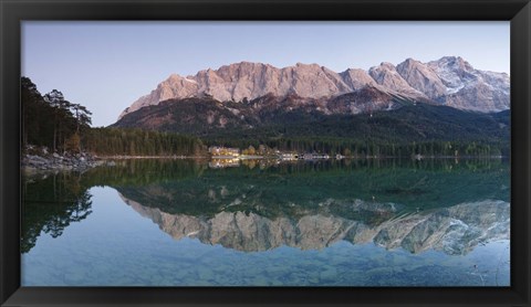 Framed Wetterstein Mountains, Zugspitze Mountain and Eibsee Hotel reflecting in Lake Eibsee, Bavaria, Germany Print