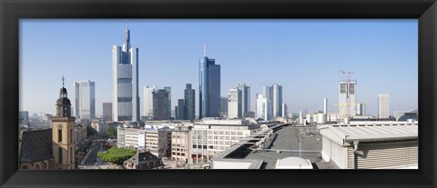 Framed City skyline with St. Catherine&#39;s Church from over the rooftop of the Cathedral Museum, Frankfurt, Hesse, Germany Print