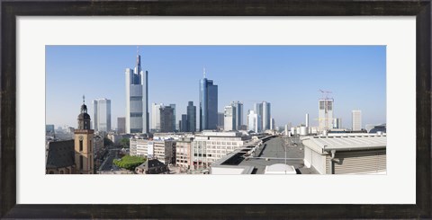 Framed City skyline with St. Catherine&#39;s Church from over the rooftop of the Cathedral Museum, Frankfurt, Hesse, Germany Print