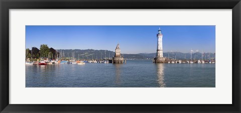 Framed Entrance of the harbor with the Bavarian lion and the lighthouse, Lindau, Lake Constance, Bavaria, Germany Print