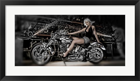 Framed Female model with a motorcycle in a workshop Print