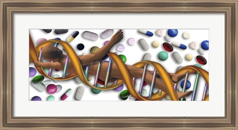 Framed DNA surrounded by pills Print