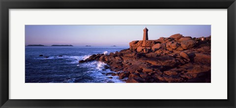 Framed Lighthouse on the coast, Ploumanach Lighthouse, Cote De Granit Rose, Cotes-D&#39;Armor, Brittany, France Print