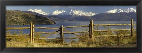 Framed Fence in front of a lake with mountains in the background, Lake General Carrera, Andes, Patagonia, Chile Print