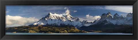 Framed Lake in front of mountains, Lake Pehoe, Cuernos Del Paine, Paine Grande, Torres del Paine National Park, Chile Print