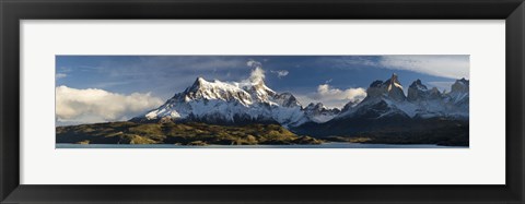 Framed Lake in front of mountains, Lake Pehoe, Cuernos Del Paine, Paine Grande, Torres del Paine National Park, Chile Print