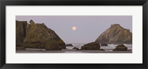 Framed Sea stacks and setting moon at dawn, Bandon Beach, Oregon, USA Print