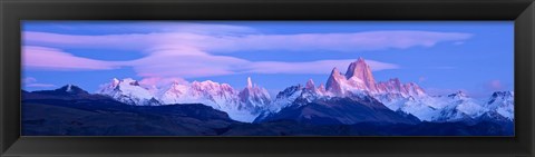 Framed Lenticular clouds and pre-dawn light over mountains, Mt Fitzroy, Cerro Torre, Argentine Glaciers National Park, Argentina Print