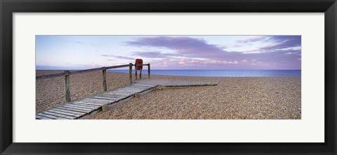 Framed Boardwalk on the beach at dawn, Chesil Beach, Jurassic Coast, Dorset, England Print