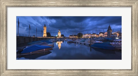 Framed Harbor at dusk, Lindau, Lake Constance, Bavaria, Germany Print