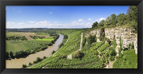 Framed High angle view of vineyards, Neckar River, Hessigheim, Baden-Wurttemberg, Germany Print