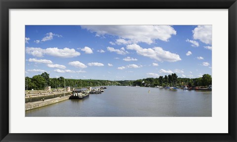 Framed Container ships at a canal lock, Neckar River, Lauffen am Neckar, Baden-Wurttemberg, Germany Print