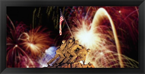 Framed Digital Composite, Fireworks Highlight the Marine Corps War Memorial, Arlington, Virginia, USA Print