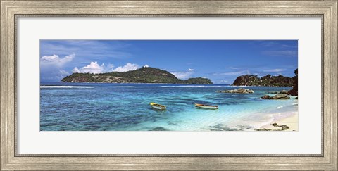 Framed Small fishing boats on Anse L&#39;Islette with Therese Island in background, Seychelles Print