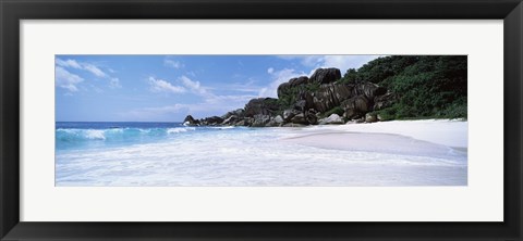 Framed Rock formations on the beach, Grand Anse, La Digue Island, Seychelles Print