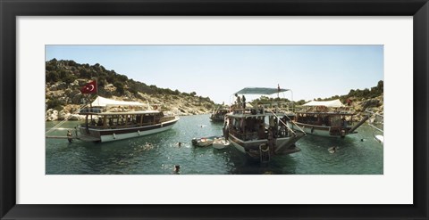 Framed Boats with people swimming in the Mediterranean sea, Kas, Antalya Province, Turkey Print