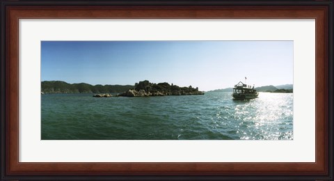 Framed Rocky island and boat in the Mediterranean sea, Sunken City, Kekova, Antalya Province, Turkey Print