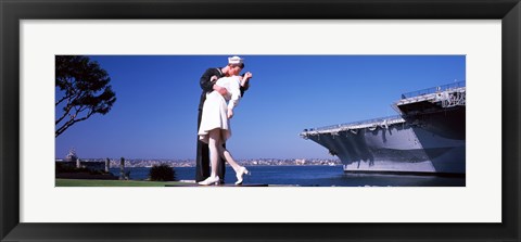 Framed Kiss between sailor and nurse sculpture, Unconditional Surrender, San Diego Aircraft Carrier Museum, San Diego, California, USA Print