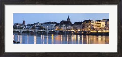 Framed Bridge across a river with a cathedral, Mittlere Rheinbrucke, St. Martin&#39;s Church, River Rhine, Basel, Switzerland Print