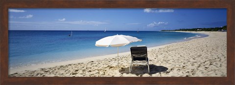 Framed Single Beach Chair And Umbrella On Sand, Saint Martin, French West Indies Print