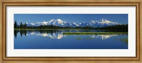 Framed Reflection Of Mountains In Lake, Mt Foraker And Mt Mckinley, Denali National Park, Alaska, USA Print