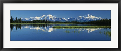 Framed Reflection Of Mountains In Lake, Mt Foraker And Mt Mckinley, Denali National Park, Alaska, USA Print