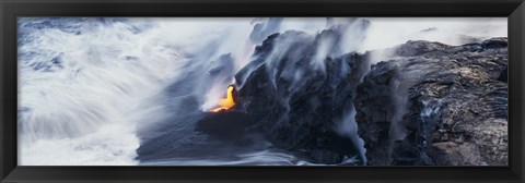 Framed High angle view of lava flowing into the Pacific Ocean, Volcano National Park, Hawaii, USA Print