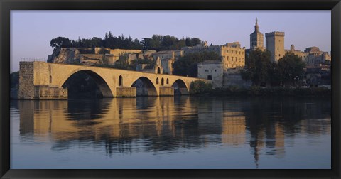 Framed Reflection of a palace on water, Pont Saint-Benezet, Palais Des Papes, Avignon, Provence, France Print