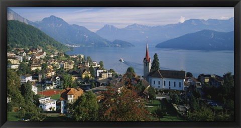 Framed VillageWeggis &amp; Lake Vierwaldstattersee, Switzerland Print