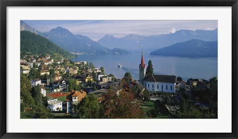 Framed VillageWeggis &amp; Lake Vierwaldstattersee, Switzerland Print
