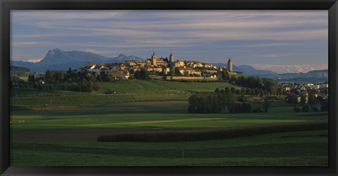 Framed Houses on a hill, Romont, Switzerland Print