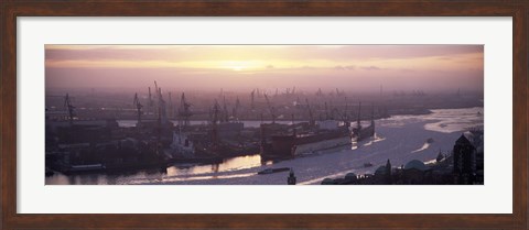 Framed High angle view of container ships in the river, Elbe River, Landungsbrucken, Hamburg Harbour, Hamburg, Germany Print