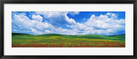 Framed Open Field, Hill, Clouds, Blue Sky, Tuscany, Italy Print