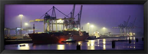 Framed Port, Night, Illuminated, Hamburg, Germany Print