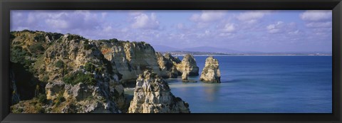 Framed Rock formations on the beach, Algarve, Portugal Print