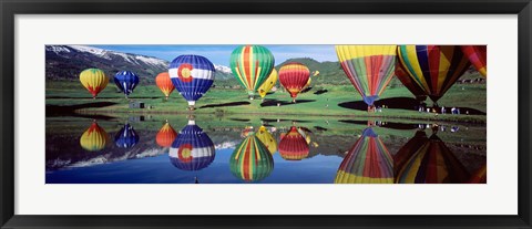 Framed Reflection Of Hot Air Balloons On Water, Colorado, USA Print