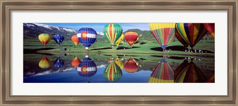 Framed Reflection Of Hot Air Balloons On Water, Colorado, USA Print