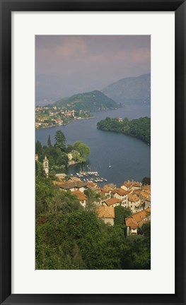 Framed High angle view of houses at the waterfront, Sala Comacina, Lake Como, Italy Print